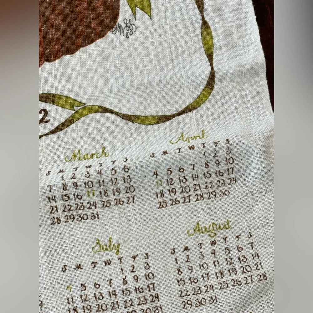 Vtg all pure linen 1982 calendar tea towel wall‎ hanging-kitchen-flower basket